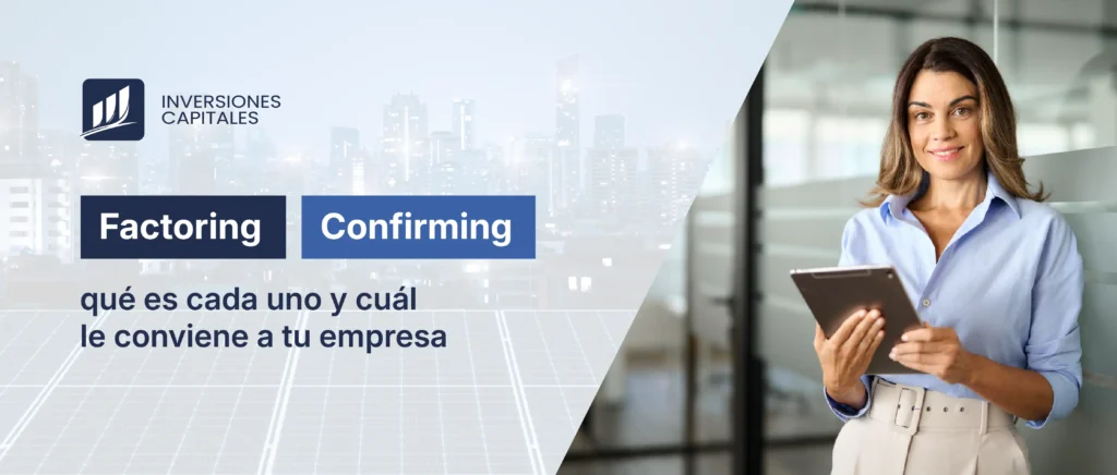 Ejecutiva revisando tablet en oficina, comparativa factoring y confirming Inversiones Capitales