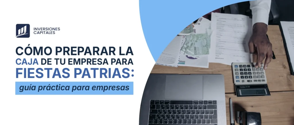 Persona calculando finanzas de empresa con calculadora y laptop, cómo preparar la caja para Fiestas Patrias